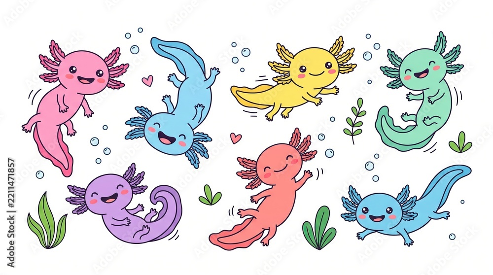 Obraz premium Cute cartoon axolotl swimming poses collection pastel aquatic amphibian set
