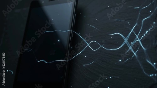 Abstract glowing digital waves emitting from a modern smartphone screen representing video streaming data and communication technology