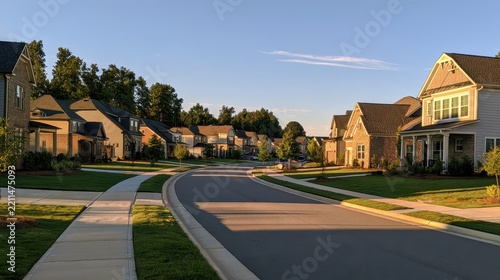 Newly built homes on a quiet tree-lined street in Raleigh, North Carolina