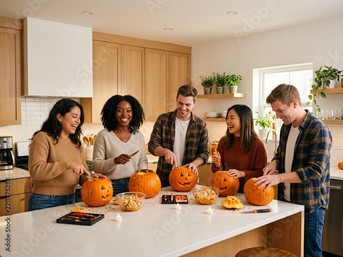 Group of friends carving pumpkins in a modern kitchen for Halloween