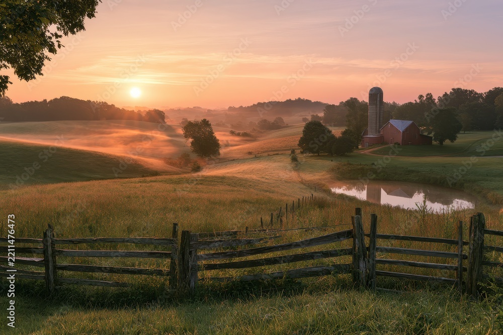 Naklejka premium Pastoral Morning on a Tennessee Farm: Rolling Fields, Silhouetted Barn, and Warm Sky