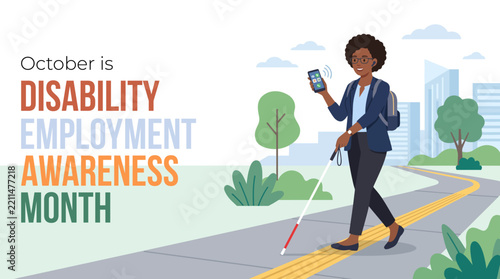 October is Disability Employment Awareness Month vector illustration banner featuring a visually impaired business woman walking with a white cane and smartphone outdoors in the city