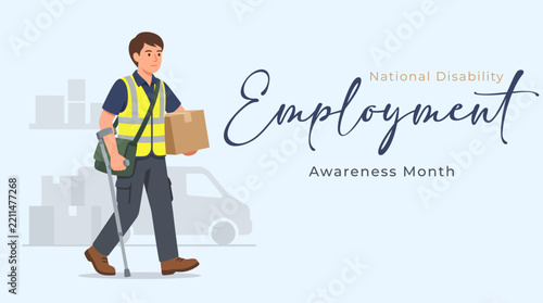 National Disability Employment Awareness Month vector illustration with a delivery worker holding a package and using a crutch in front of warehouse boxes and a delivery truck