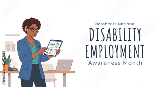 National Disability Employment Awareness Month vector illustration with woman holding tablet in office