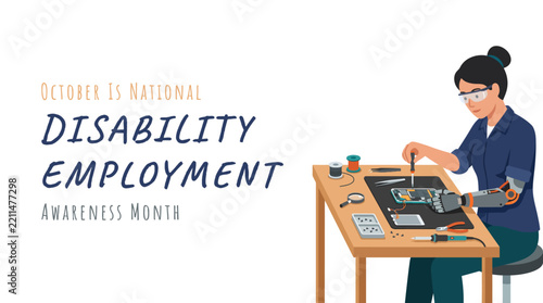 National Disability Employment Awareness Month illustration featuring a worker with prosthetic arm sitting at a workbench repairing electronics with tools in a modern office or workshop envi