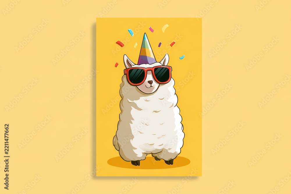 Fototapeta premium Playful Alpaca Birthday Character Wearing Sunglasses and Hat in Sunny Card Design