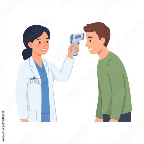 Doctor checking patient temperature with infrared thermometer