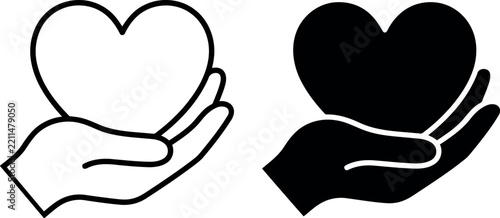 Black and white hand holding a heart icon set isolated on white background