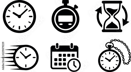 Set of black and white time and clock icons for business and scheduling
