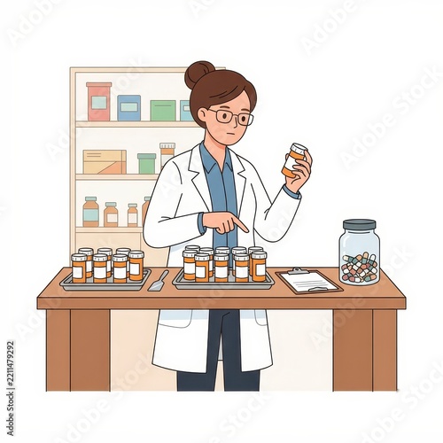 Pharmacist organizing prescription medicine bottles in a pharmacy