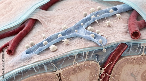 3D medical illustration of white blood cells and lymphocytes circulating in lymphatic vessels