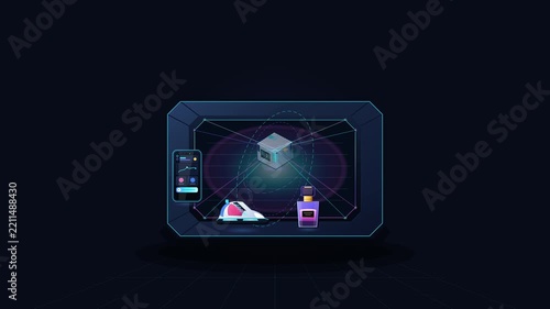 futuristic neon shopping portal scans and materializes digital products into a colorful 2.5D online shopping collection, representing e-commerce, digital retail, product discovery, and virtual market