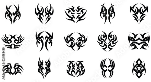 Collection of black tribal tattoo designs on a white background