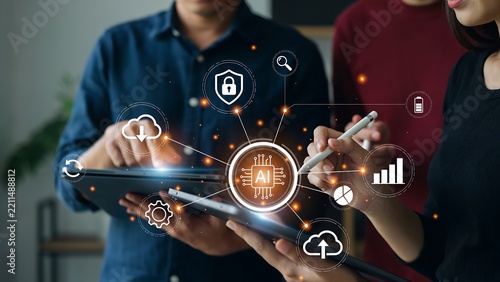Diverse professionals collaborating on digital network with AI innovations and data analytics in office setting