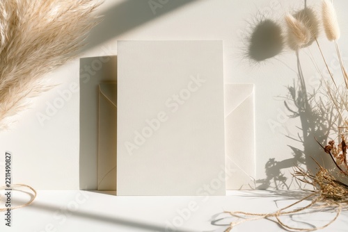 Simple baby shower thank you card mockup with envelope and natural decor