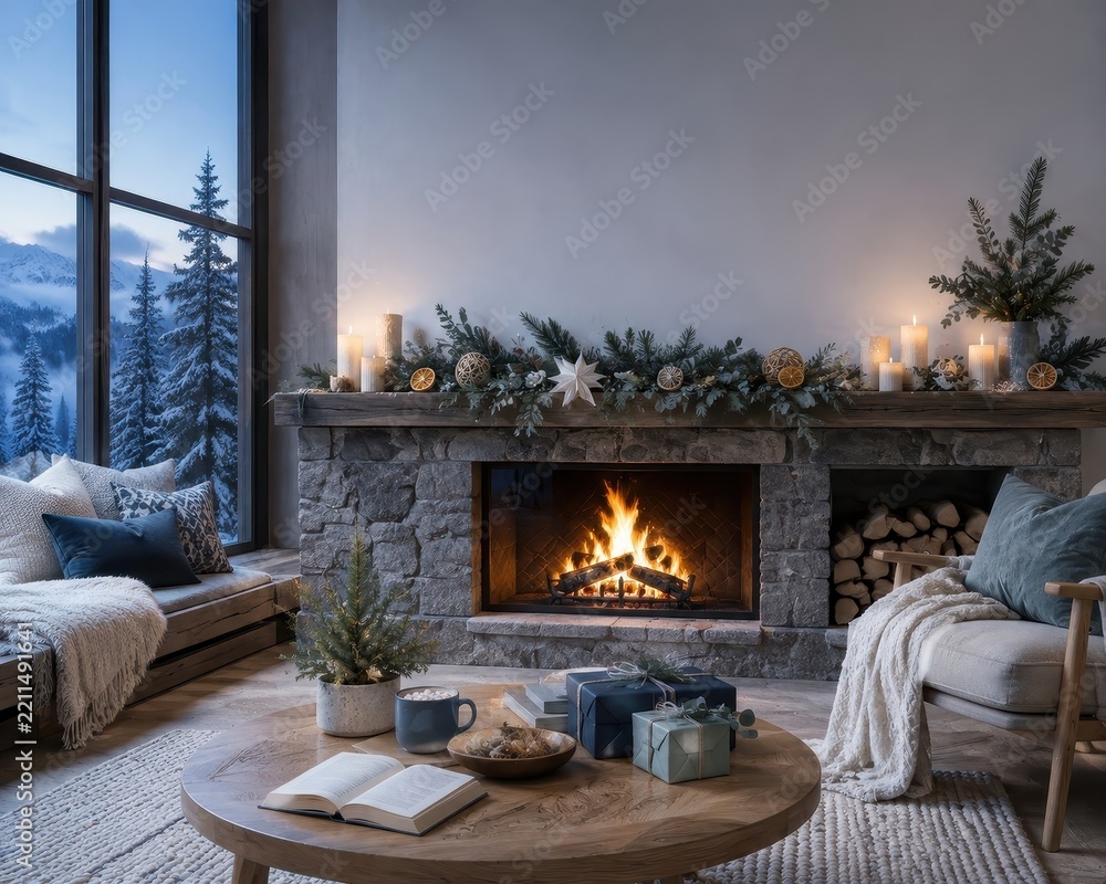 Obraz premium Cozy winter living room with fireplace and snowy forest view