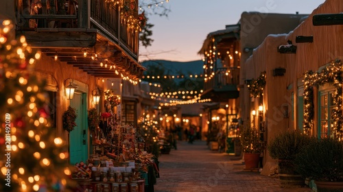 Twinkling Christmas Night on a New Mexico Adobe Street