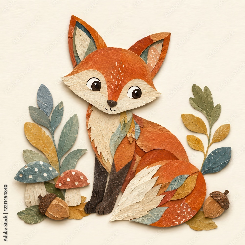 Fototapeta premium Whimsical paper cut fox woodland illustration with mushrooms