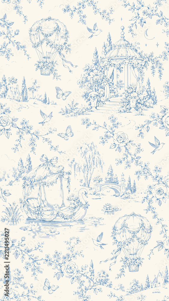 Naklejka premium Dreamy Blue Toile de Jouy Enchanted Garden Seamless Pattern with Swan Boat, Gazebo and Hot Air Balloons