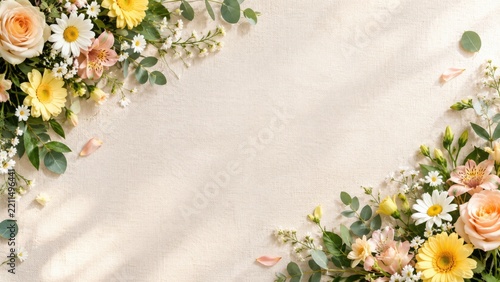 Floral corner arrangement with pink roses, yellow daisies, and green leaves on a light beige surface