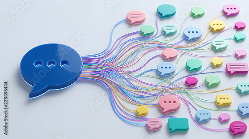 Large blue speech bubble connected to many small colorful chat icons