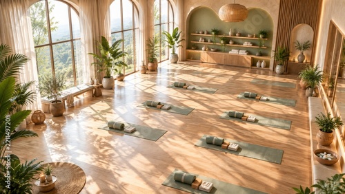 Spacious yoga studio interior with wooden floors, green mats, and large windows overlooking the... d
