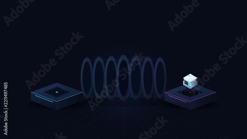 A futuristic neon system teleports a digital shopping product through an energy tunnel and reconstructs it as a delivery package, representing e-commerce, online orders, digital commerce