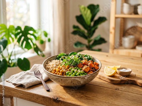 Healthy Grain Bowl with Chickpeas Edamame Roasted Sweet Potato and Microgreens