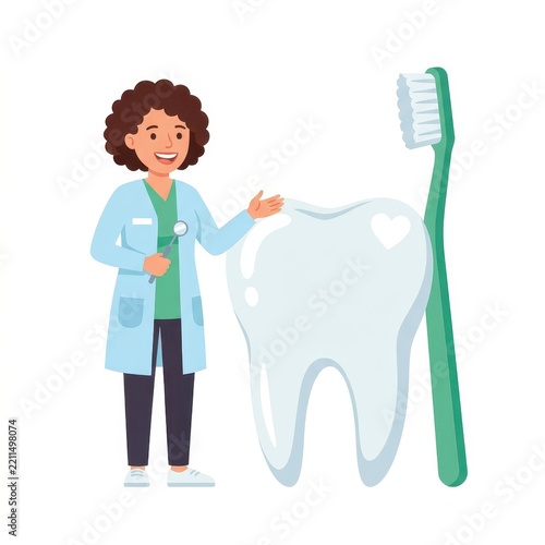 Female dentist with tooth and toothbrush
