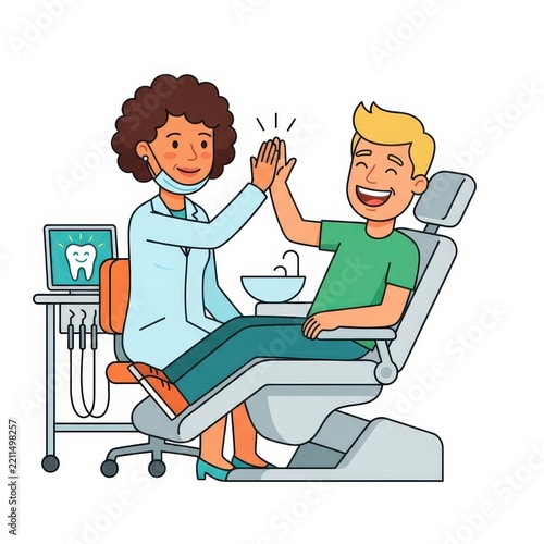 Dentist and happy patient giving high five