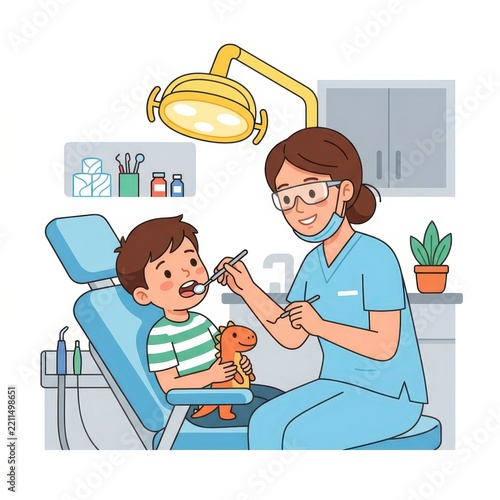 Dentist examining little boy teeth in clinic vector illustration