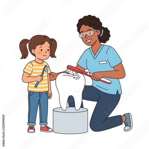 Dentist teaching girl how to brush teeth