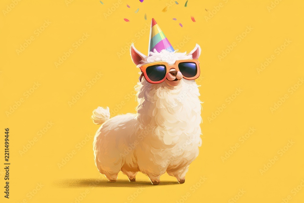 Fototapeta premium Whimsical Alpaca Birthday Celebration Against a Pure Yellow Backdrop