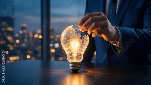 Businessman assembling glowing puzzle light bulb representing creative innovative business ideas strategy and problem solving inside modern corporate office interior background photography