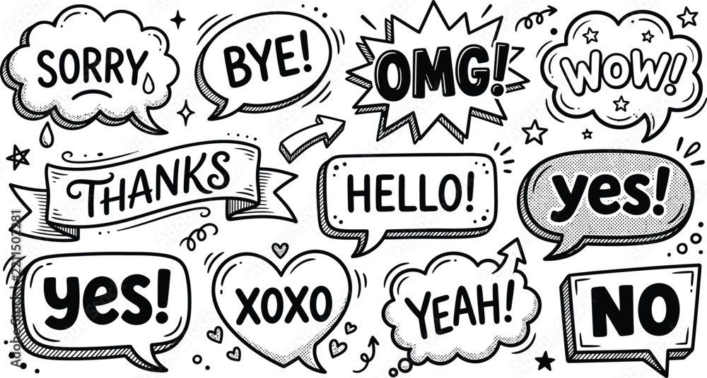 Fototapeta premium black and white comic style speech bubbles with expressions