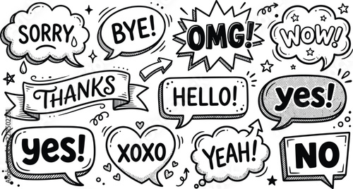 black and white comic style speech bubbles with expressions