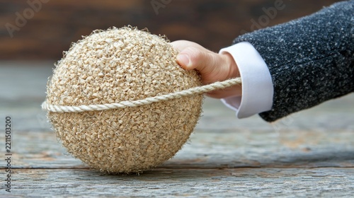 Hand grabs rope-wrapped sphere on wooden surface