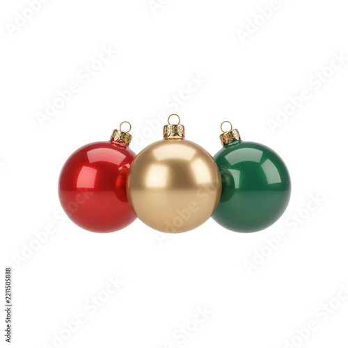 Red, gold, and green christmas ornaments isolated on a transparent background