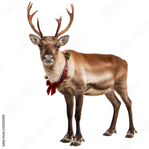 Reindeer with red ribbon and gold bells isolated on a transparent background