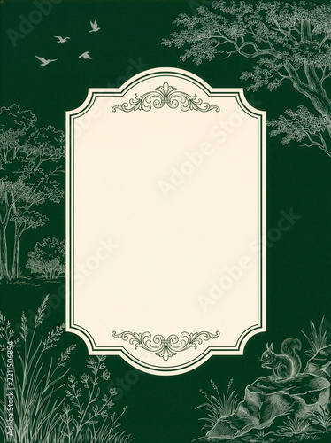 Vintage green forest background with blank ornate cream frame, engraved trees, birds and squirrel