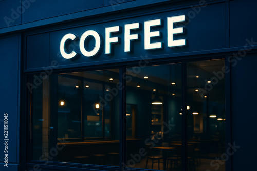 Bright coffee lettering above a wide dark cafe storefront