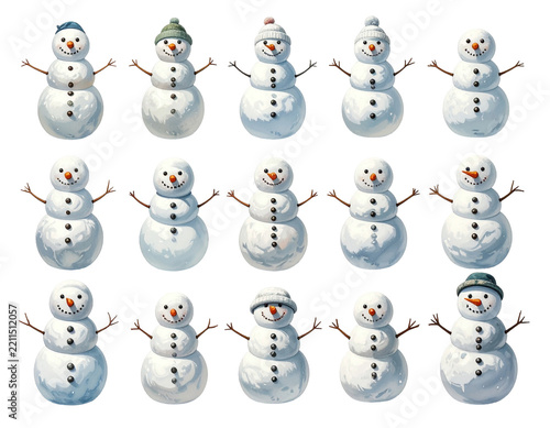 Snowman Character Set in Watercolor Style With Seasonal Winter Designs