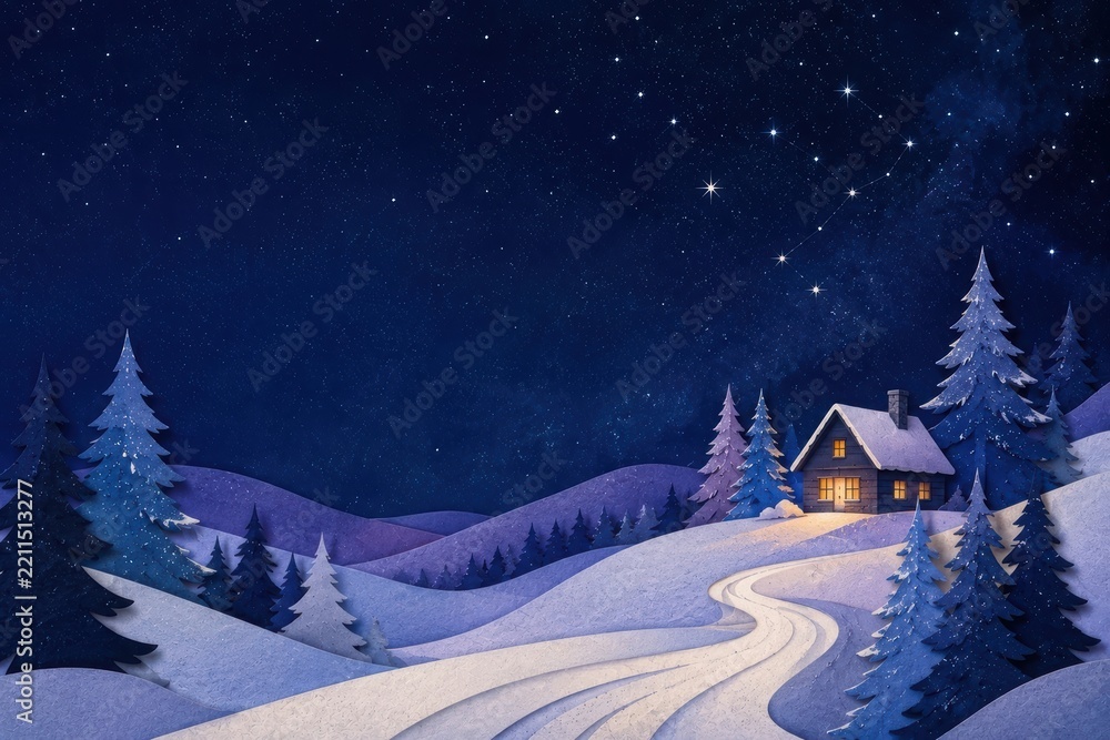 Naklejka premium Cozy cabin beneath a starry winter sky in snowy forest