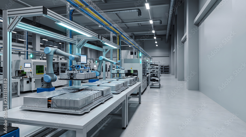 Obraz premium Robotic arm assembling electric vehicle battery modules on automated production line in modern smart factory