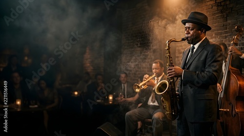 Jazz band with saxophone performing live in smoky nightclub