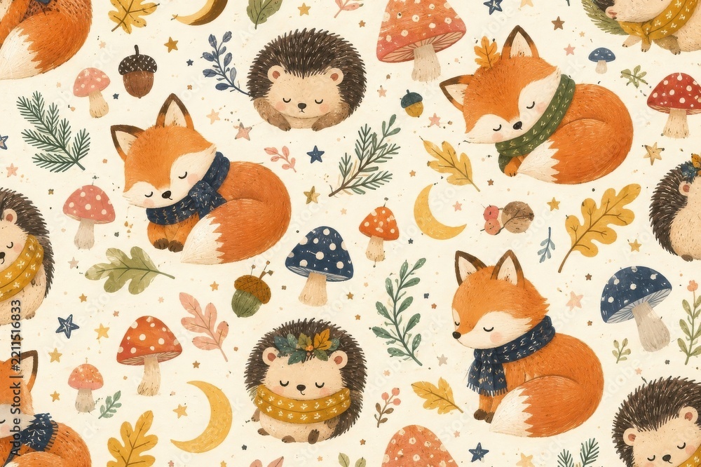 Fototapeta premium Whimsical woodland foxes, hedgehogs, mushrooms, autumn leaves pattern