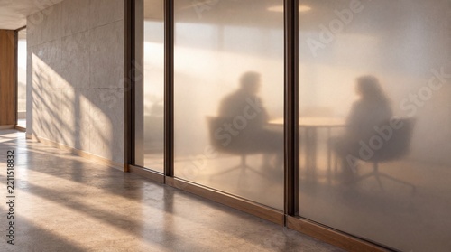 Business Meeting Silhouettes Behind Frosted Glass in Modern Office Corridor
