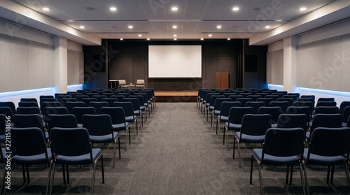 Empty Corporate Conference Hall with Rows of Chairs, Stage and Presentation Screen