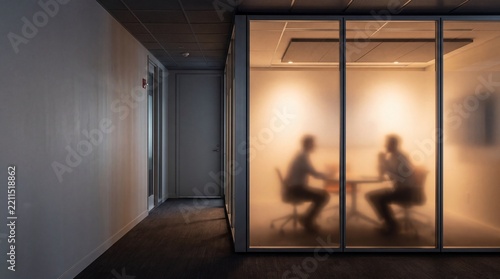 Business Meeting Behind Frosted Glass in Modern Office Conference Room