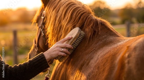 Person brushing brown horse mane at golden sunset field